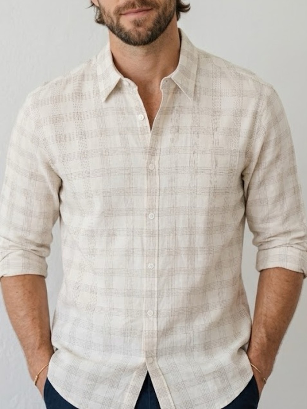 Billy Reid Linen Blend Cream Plaid Long Sleeve Button Down Medium